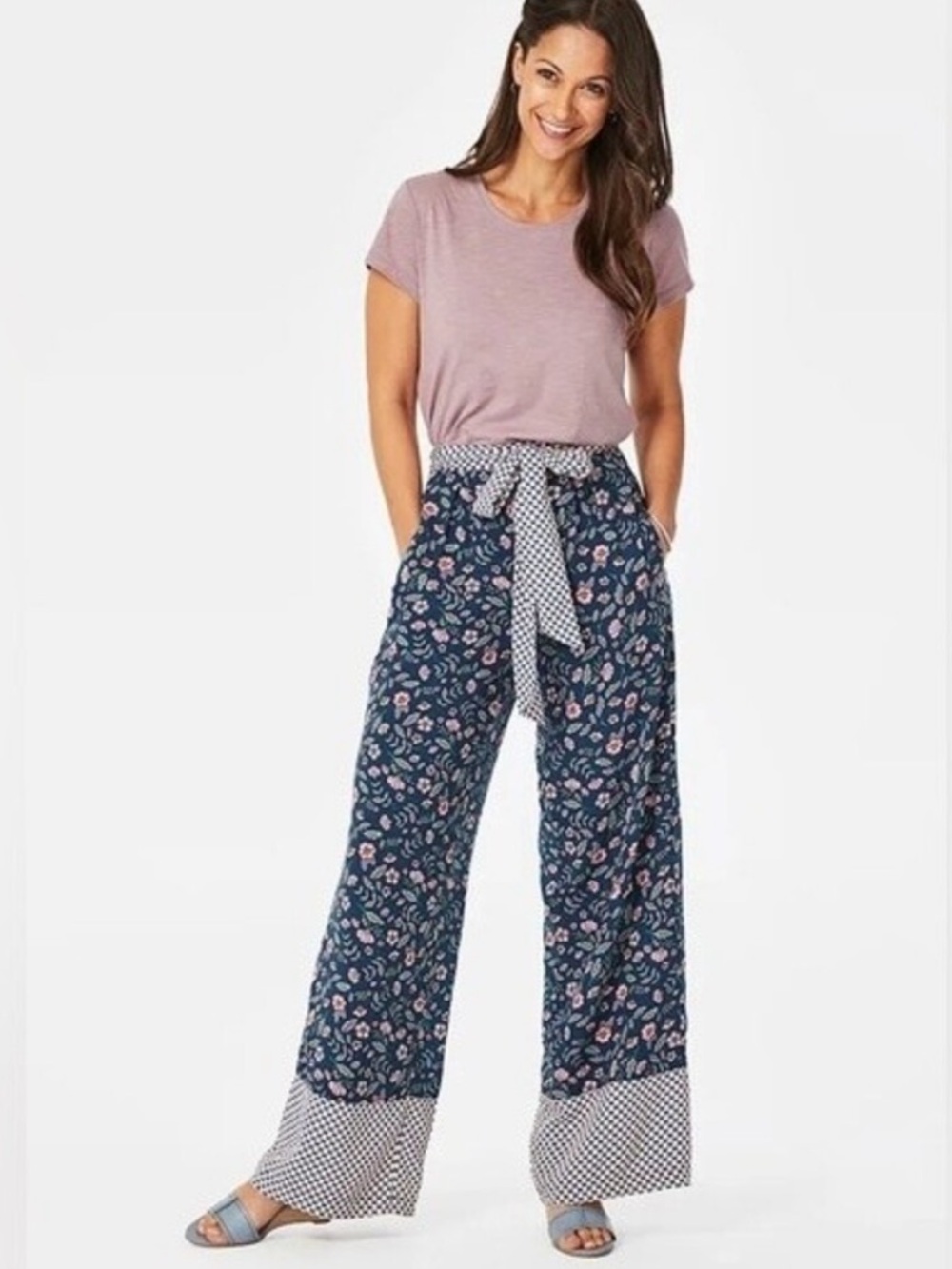 Matilda Jane “A Day Off” Navy Floral Wide-Leg Tie Waist Lounge Pants 100% Rayon
